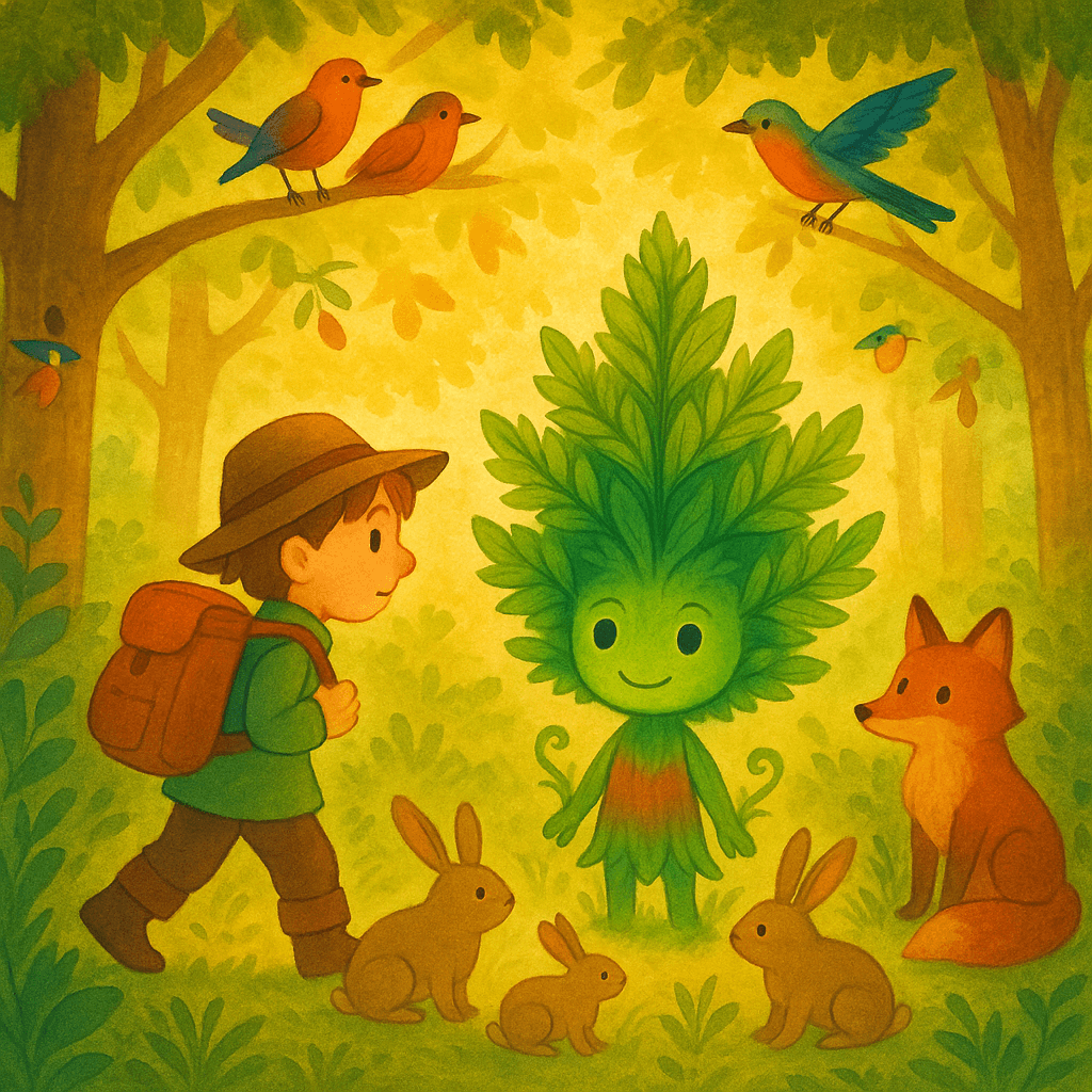 Carry cautiously steps into the sunlit grove, surrounded by curious forest animals and soft, shimmering light.