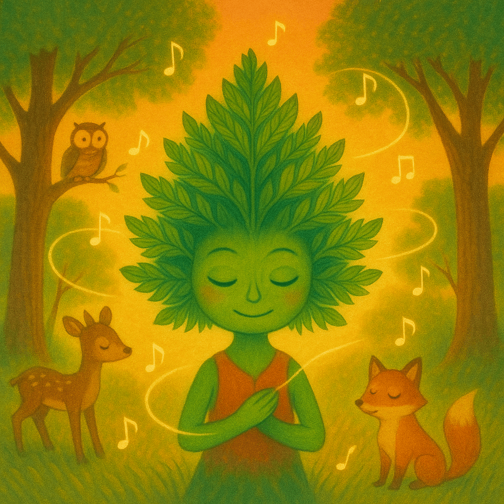 Carry, illuminated by soft light, listens to the forest’s silent song of harmony and understanding.