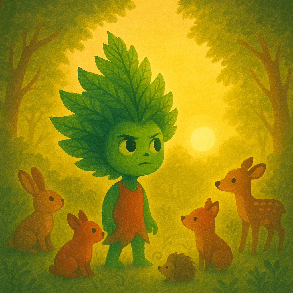 Carry, glowing with resolve, departs from the sacred grove, surrounded by supportive animals and warm light, carrying new purpose.