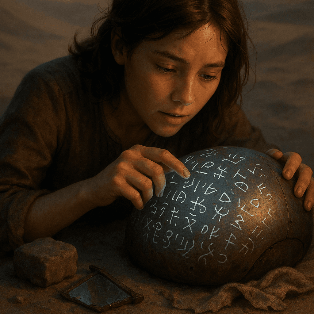 Lina’s fingertips traced strange symbols etched into the surface—curved lines and mysterious glyphs that seemed to pulse with a faint, otherworldly glow. Her heart pounded with excitement.