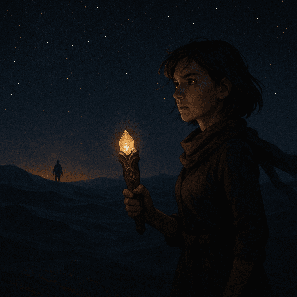 She looked up, eyes narrowing toward the horizon—something was approaching. Was it a wandering desert creature, or perhaps someone—or something—else, drawn by her discovery? The shimmering dunes held their secrets tight, but Lina Mira’s resolve burned brighter than ever.