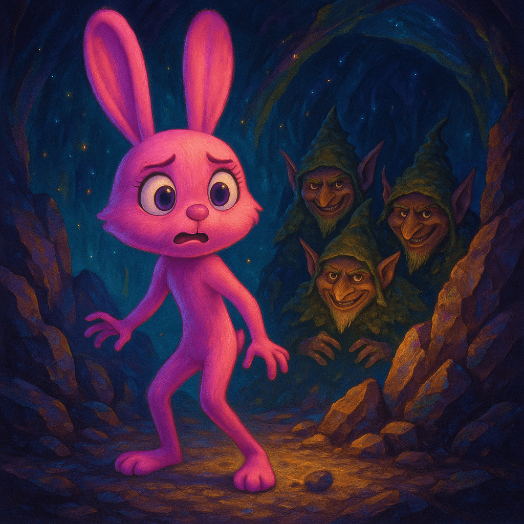 Suddenly, a pebble skittered across the path. She froze, listening. A voice echoed, sly and sing-song: 'What have we here?' Shadows darted behind a cluster of jagged rocks. Three small figures scrambled into view...