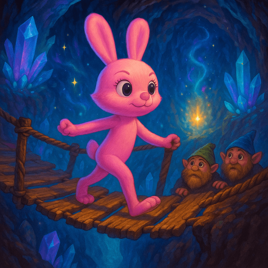 She stepped onto the bridge. Each plank groaned, but she kept her eyes on Sparkle’s distant glow, now shining brighter from the far side. Halfway across, a gust howled, and the bridge swayed wildly.