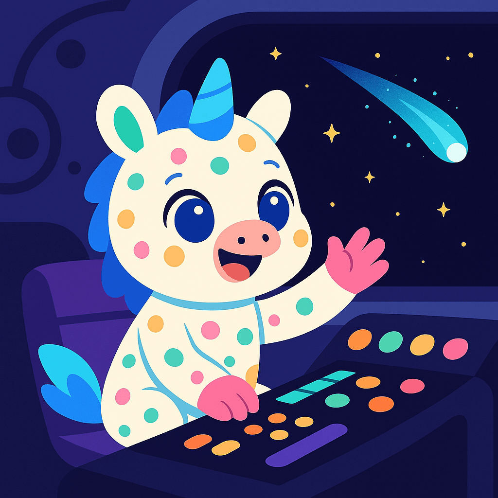 Lumina launches into space, waving to a comet trailing sparkling dust.