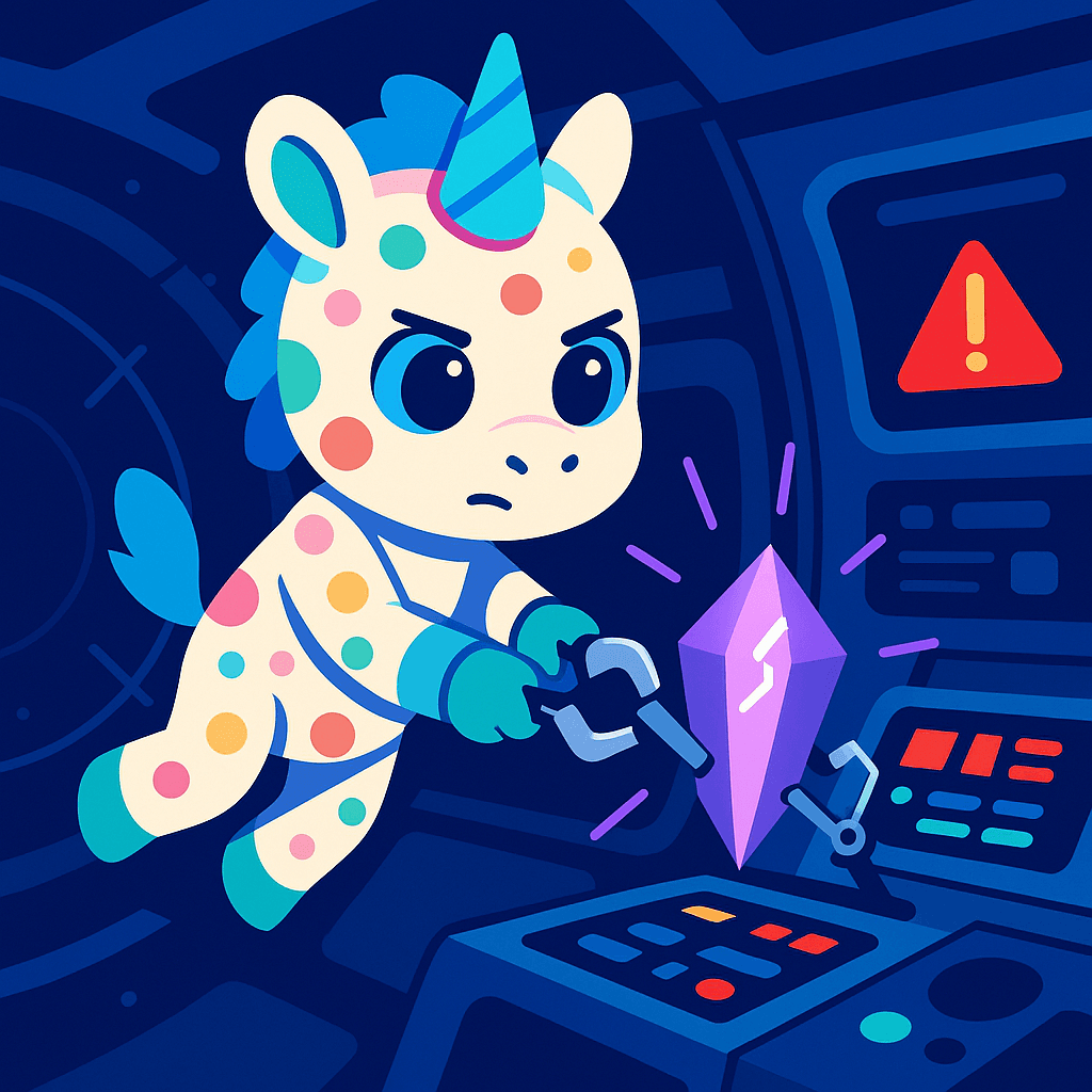 Lumina carefully fixes a loose energy crystal in the spaceship, solving her first space problem.