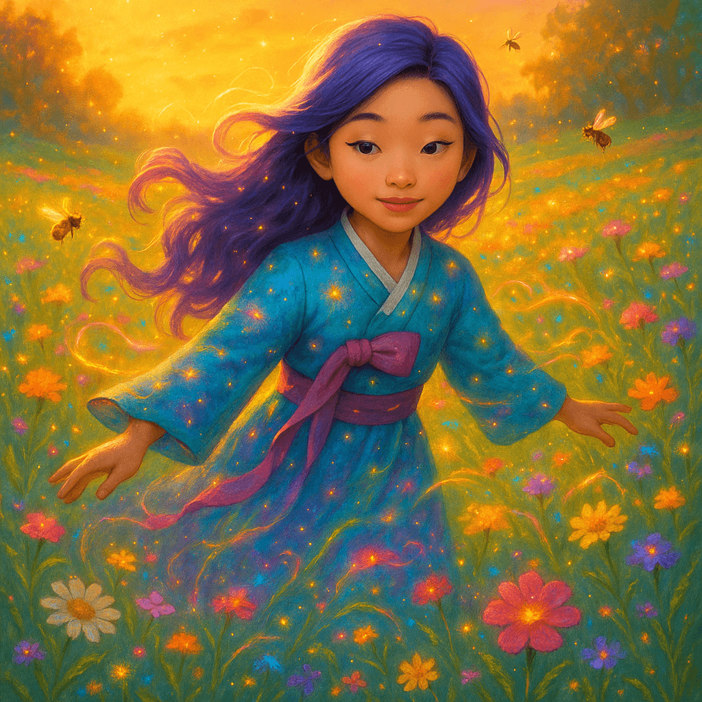 Rumi’s feet pressed softly through the meadow’s green hush, the air alive with the scent of wildflowers and the distant hum of bees.