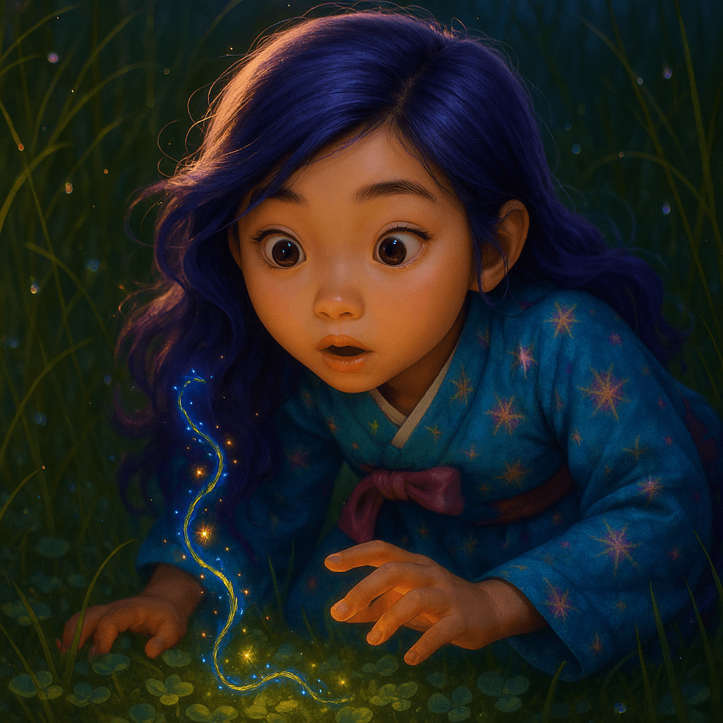 A flicker caught her eye—a shimmer along the ground, winding through the tall clover. Rumi crouched low, heart thumping with a warm, fizzy excitement.