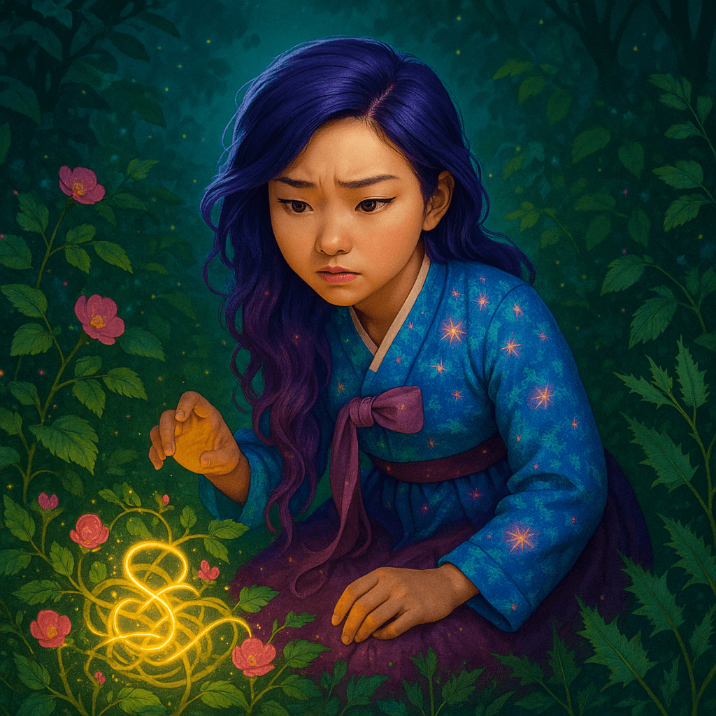 The vine looped around wild rosebushes and slipped beneath bristling nettles. Rumi paused, frowning at a knot where the glowing tendrils twisted tightly.