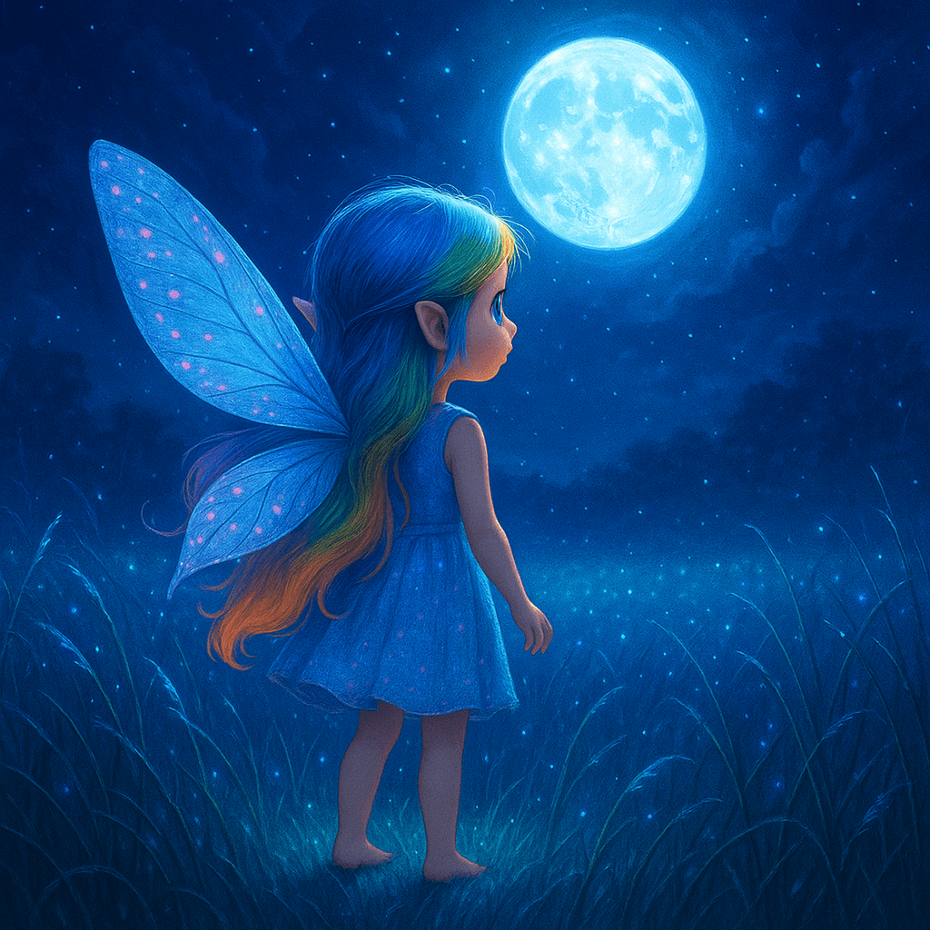 The meadow stretched endless and silver beneath the moon, blades of grass trembling gently in the cool night air. Mila tiptoed barefoot, her heart a fluttering bird.