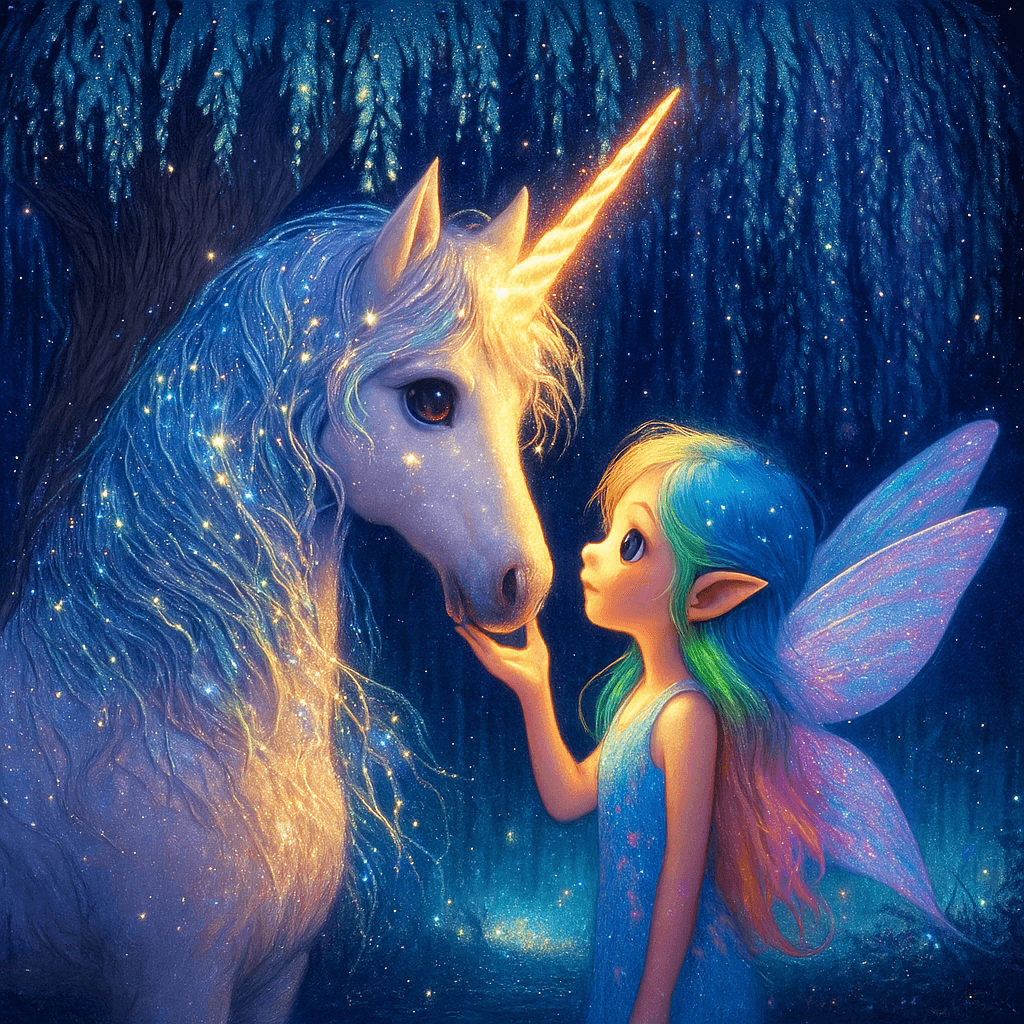 Lira lifted her head, ears flicking toward Mila. The unicorn's eyes, wide and gentle, reflected the moon. Mila grinned and whispered, 'You look like you swallowed the stars.'