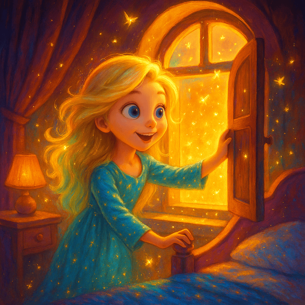 Elsa pushed open her window, letting in the sweet scent of morning dew, as a swarm of glowing fireflies began to dance inside.