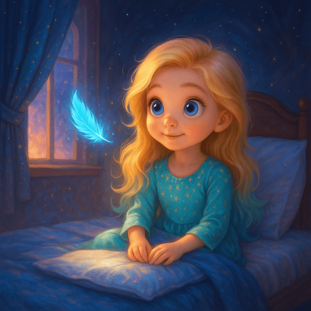 A shimmering blue feather floated down from the ceiling, inspiring Elsa’s curiosity about the magical creature behind it.