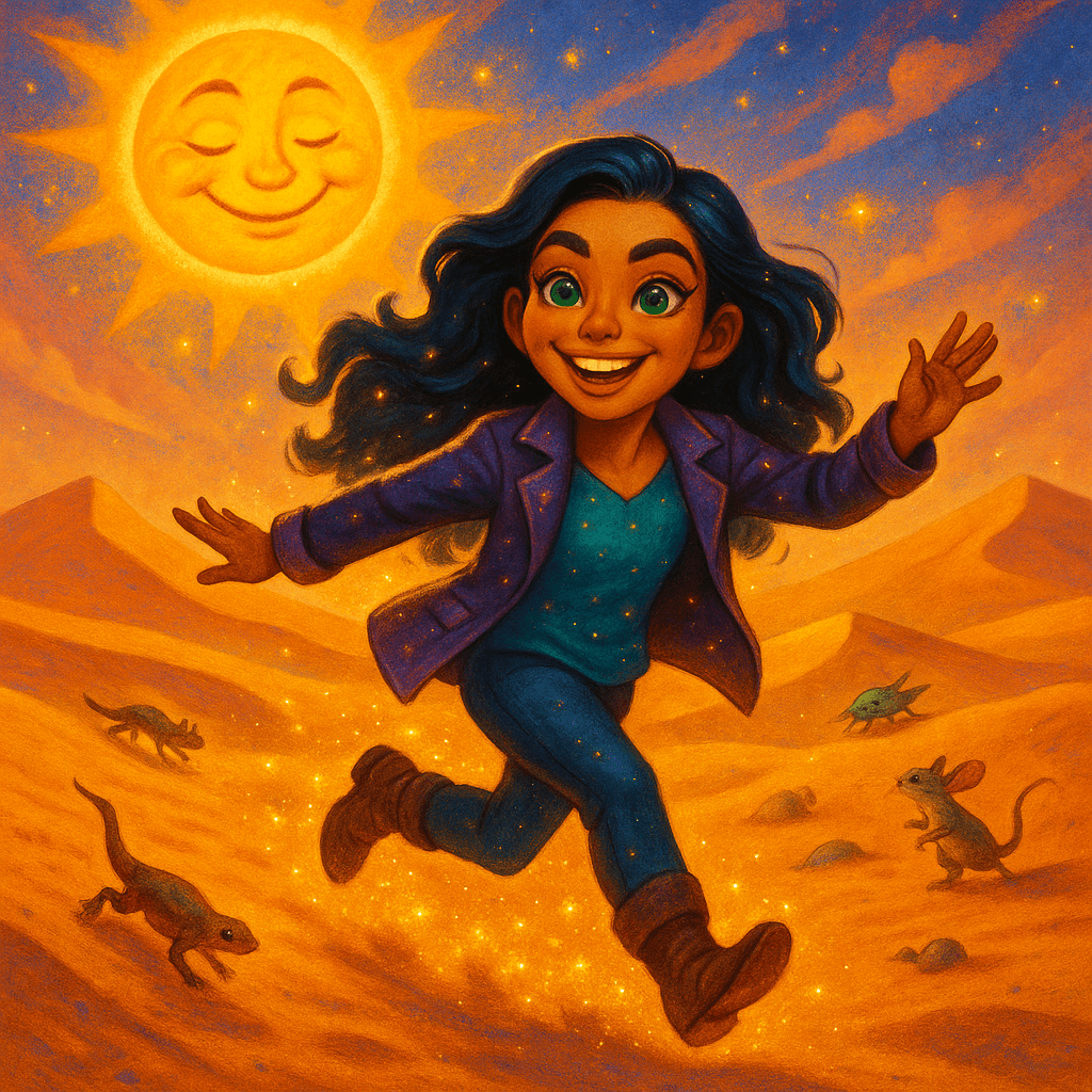 The golden desert stretched endlessly under a bright, smiling sun.