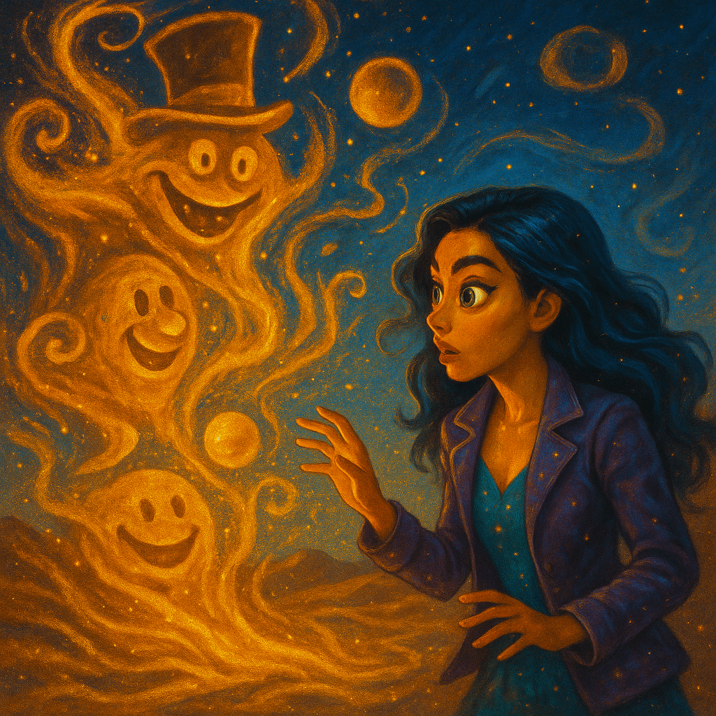 Suddenly, a swirling cloud of sand appeared out of nowhere. It twirled and spun, forming silly shapes.