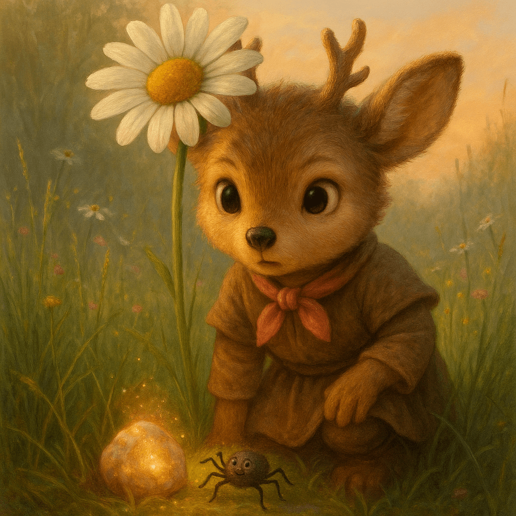 Sarah peeked from behind the daisy, her heart still fluttering from the excitement. The glowing stone at her hooves sparkled like a friendly wink, and Aby the spider was right there, waving her tiny legs.