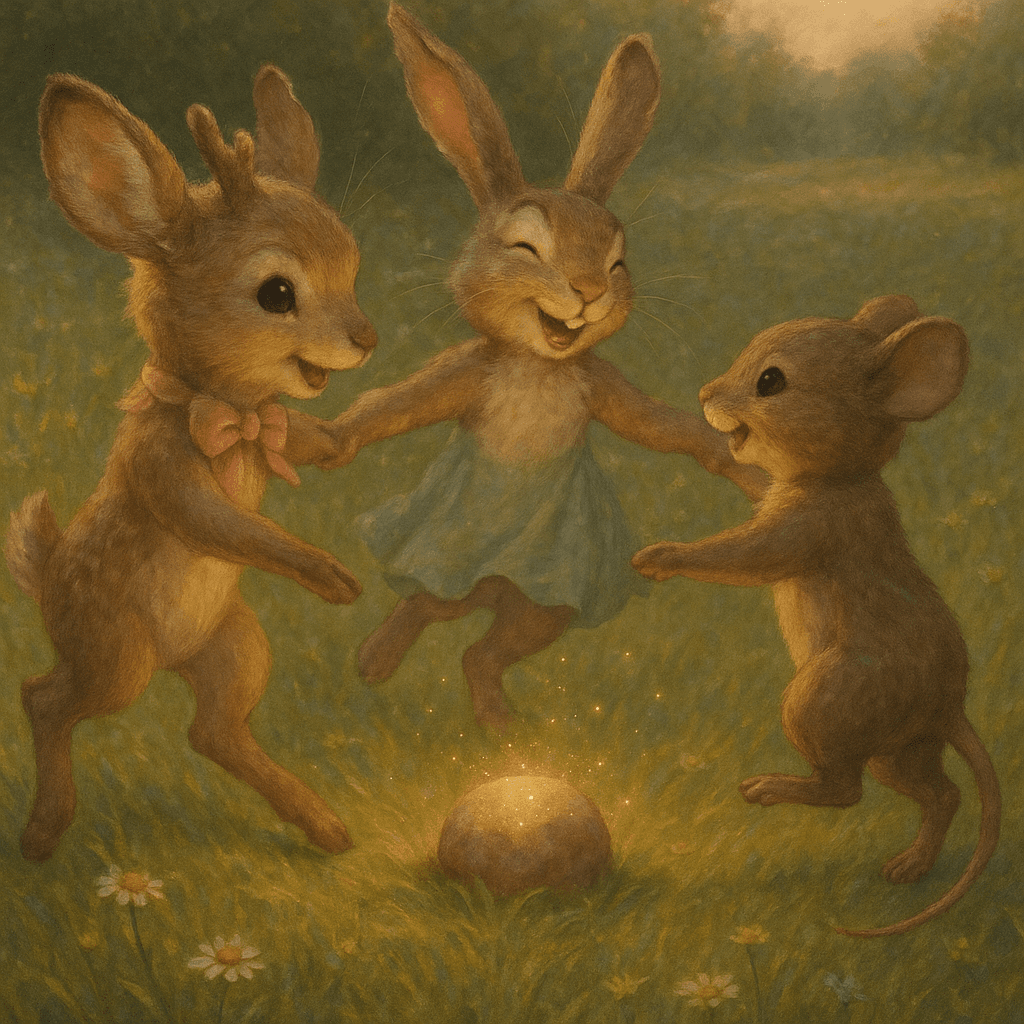 The three friends joined hands—hoof, leg, and tiny paw—and spun in a silly circle around the glowing stone. The meadow grass tickled their feet, and wildflowers bobbed along as if dancing too.