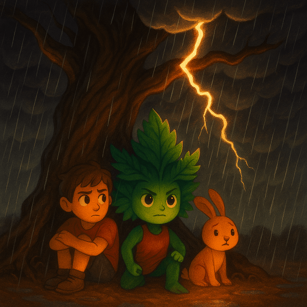 Suddenly, the sky darkened. Thick clouds gathered swiftly, blotting out the sun, and a sharp wind swept through the trees.