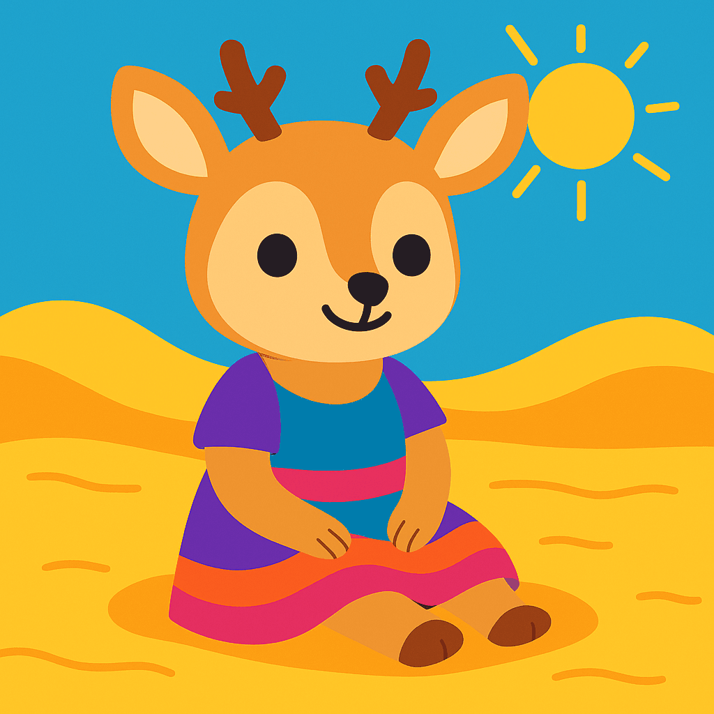 Sun shines bright. Mama sits with a smile, surrounded by warm, soft sand.