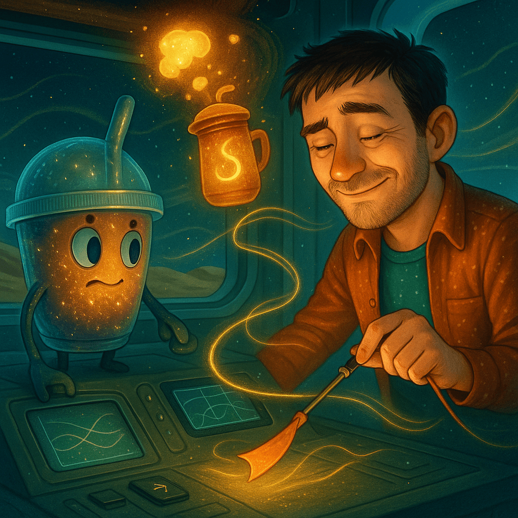 “A sand-scented thermos appeared… and the air filled with a warm, coffee-shop smell.”