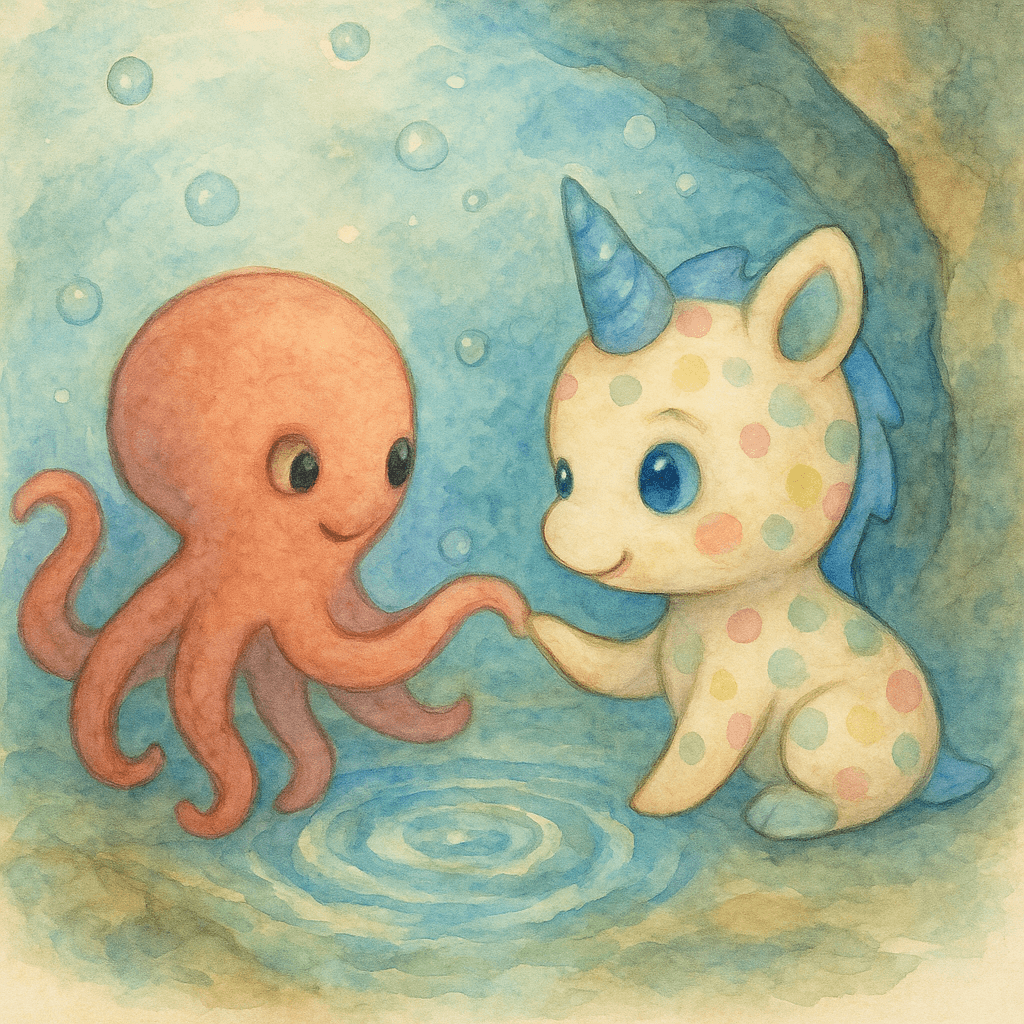 Curious, Lumina tried to mimic the octopus, stretching her arms and wiggling her fingers. The octopus watched, then gently wrapped a cool, slippery arm around Lumina’s hand, guiding her to a patch of swirling water near a crack in the cave wall.