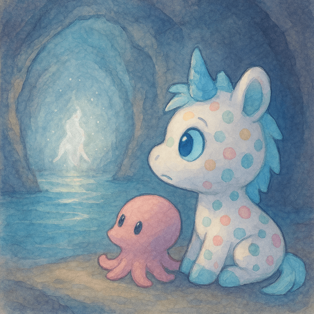 But just as she relaxed, a strange, silvery shadow flickered at the far end of the cave. Both Lumina and her new octopus friend turned to watch. The light grew brighter, and a soft, musical chime echoed through the water.