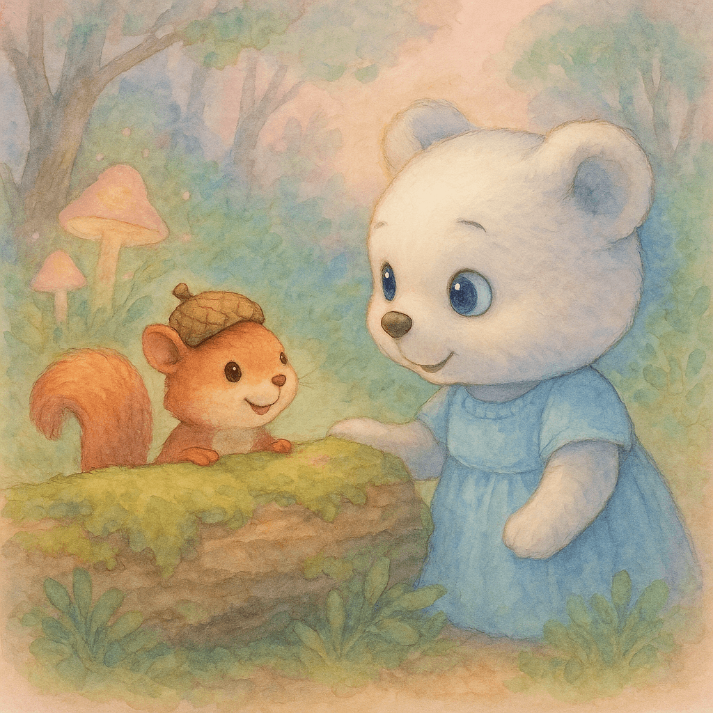 Suddenly, a second squirrel popped out from behind a log, its fur a patchwork of chestnut and cream. It wore a tiny acorn cap like a helmet and grinned at Lena.