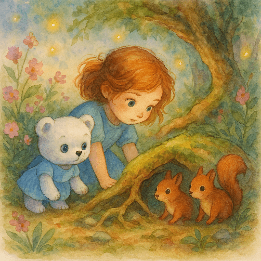 Lena and her friends searched under roots and behind mossy rocks, the forest seemed to hum with gentle magic—flowers swayed to a silent tune, and fireflies danced between the shadows.