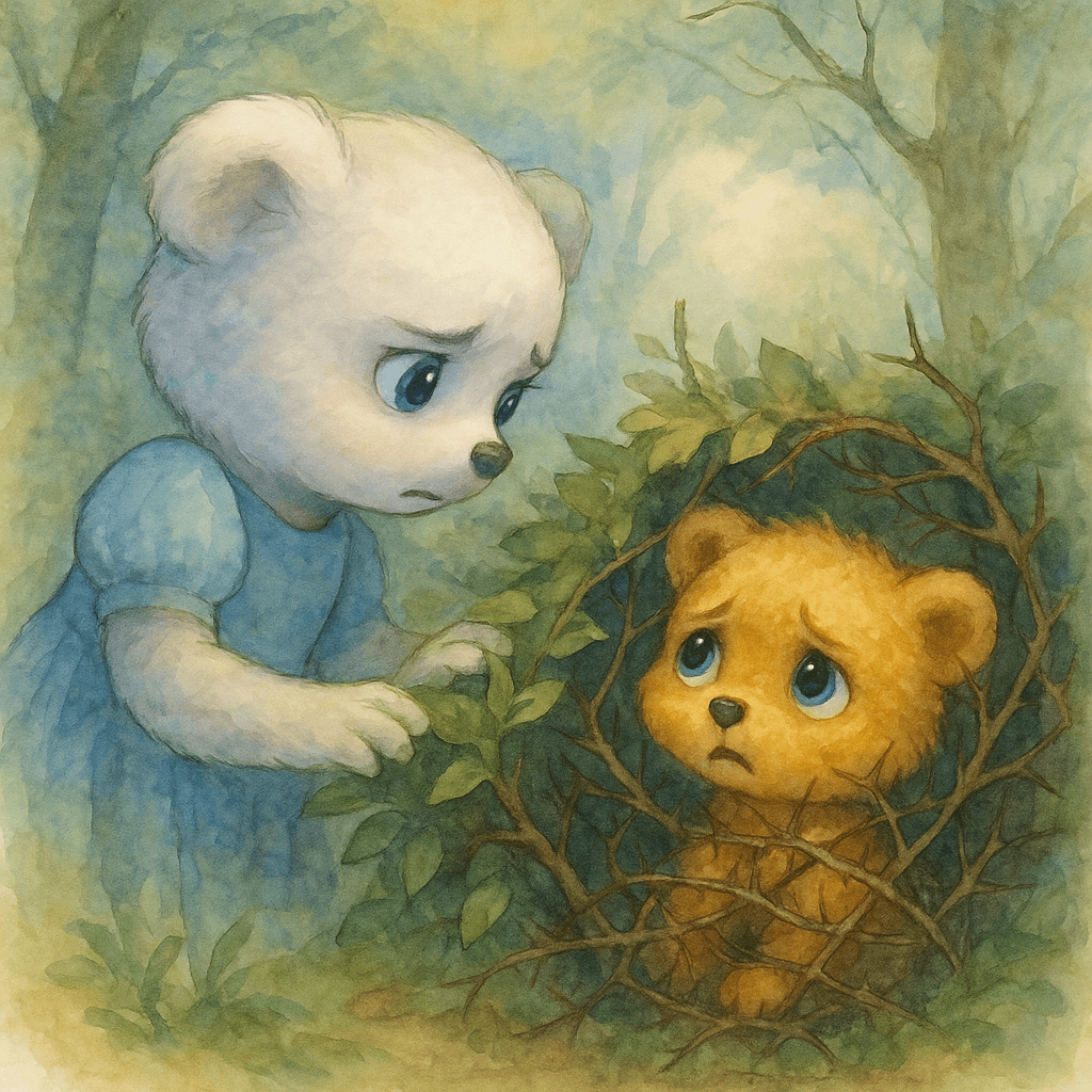 Lena spotted a tuft of golden fur tangled in a bush. She pushed aside a low branch and saw a small, golden cub—no bigger than a housecat—pinned by a bramble. Its eyes shone with tears.