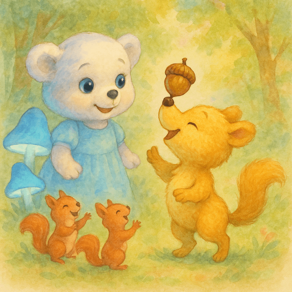 The cub returned with the lost acorn, balancing it on its nose, cheered on by Lena and the squirrels, feeling triumphant in the soft, magical forest.