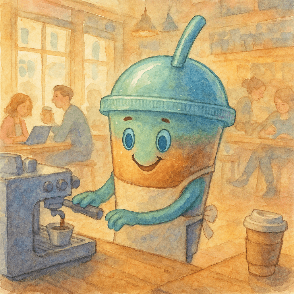 Mr. Coffee humming a jazzy tune as he works the espresso machine, the city coffee shop filled with morning routines.