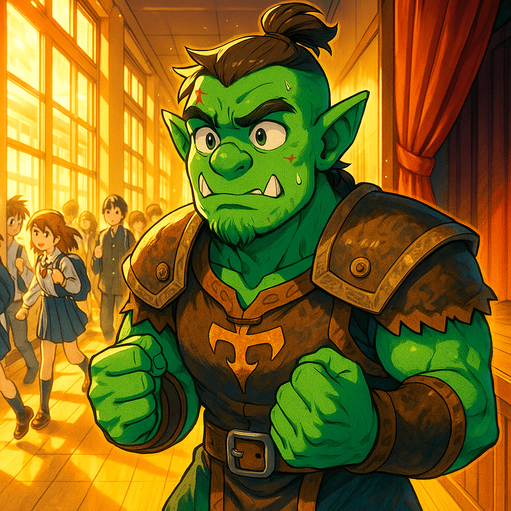 Grimnak pacing nervously near the stage curtains, feeling uncertain before his talent show act.