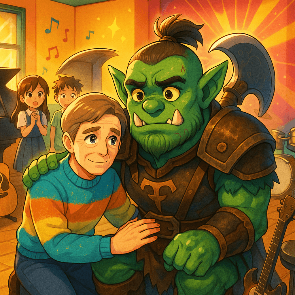 Mr. Rogers reassuring Grimnak about his feelings, encouraging him to talk.