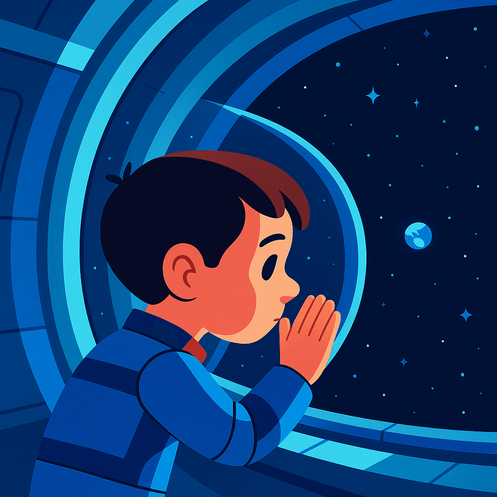 Max pressed his forehead to the cool glass of the observation dome, Earth fading into a distant blue dot.