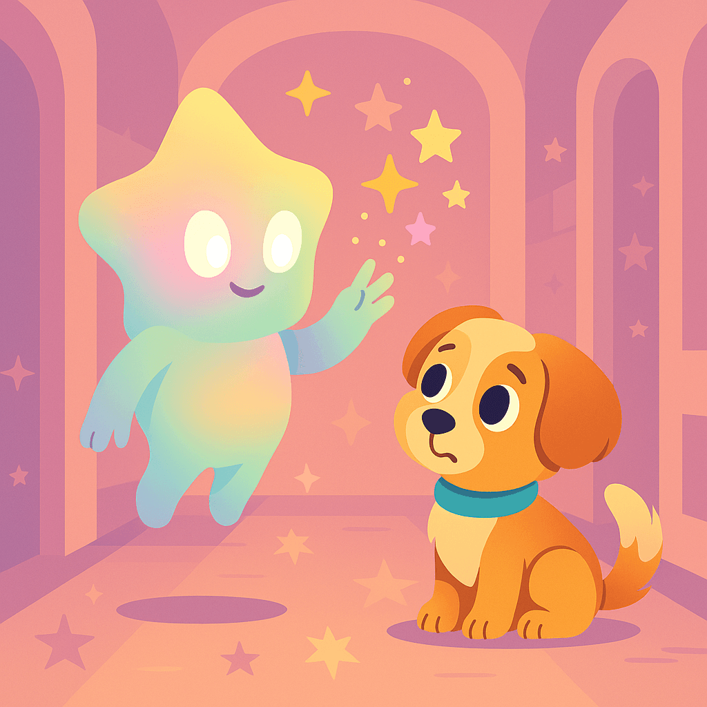 Hovering just above the floor was a luminous being, no bigger than Max himself. Its body shimmered with soft, shifting colors, and its eyes glowed like twin stars.