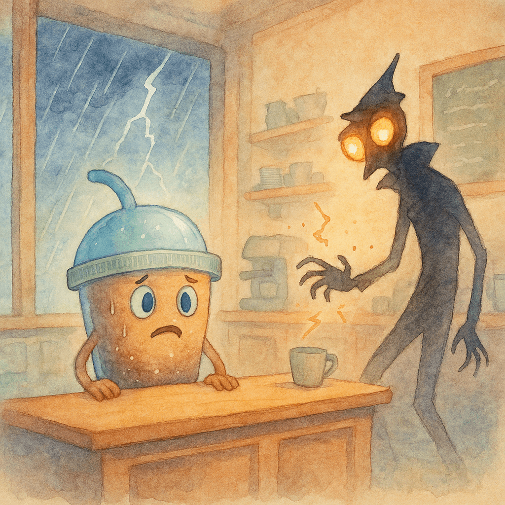 Thunder rattled the café windows as the villain stepped inside, trailing sparks that fizzed against tile and chrome.