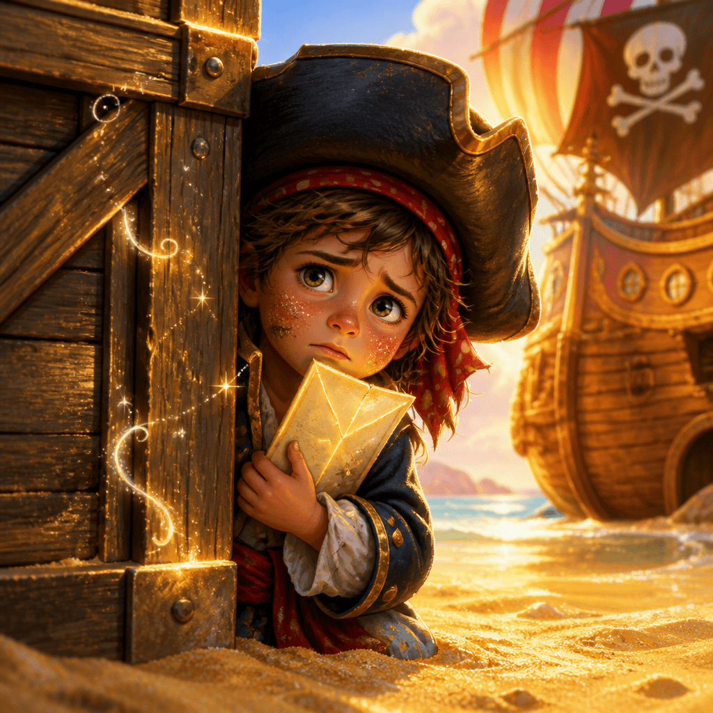 From behind the crate peeked a child in a pirate costume—too big at the sleeves, a little crooked hat, and cheeks smudged with sand as if they’d been running in a hurry.
