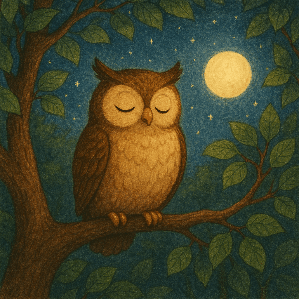 Under the luminous glow of a velvet night sky, Milo the owl perched quietly in his favorite ancient grove.