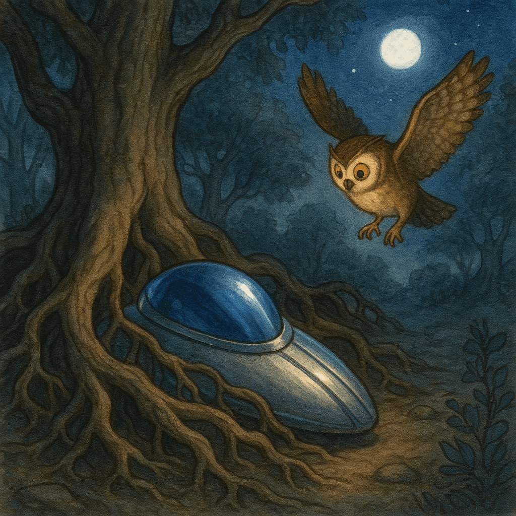 Tonight, a mysterious shimmer caught his sharp eyes—hidden among gnarled roots, a sleek, metallic structure gleamed with hues of sapphire and silver.