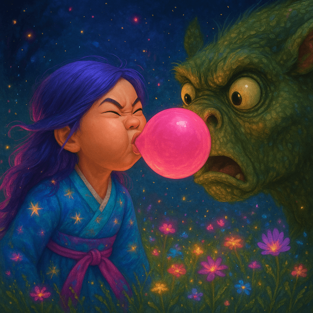 She popped the gum into her mouth and began to chew, exaggerating each chomp. She puffed her cheeks, letting her lips make a silly, squelchy sound.