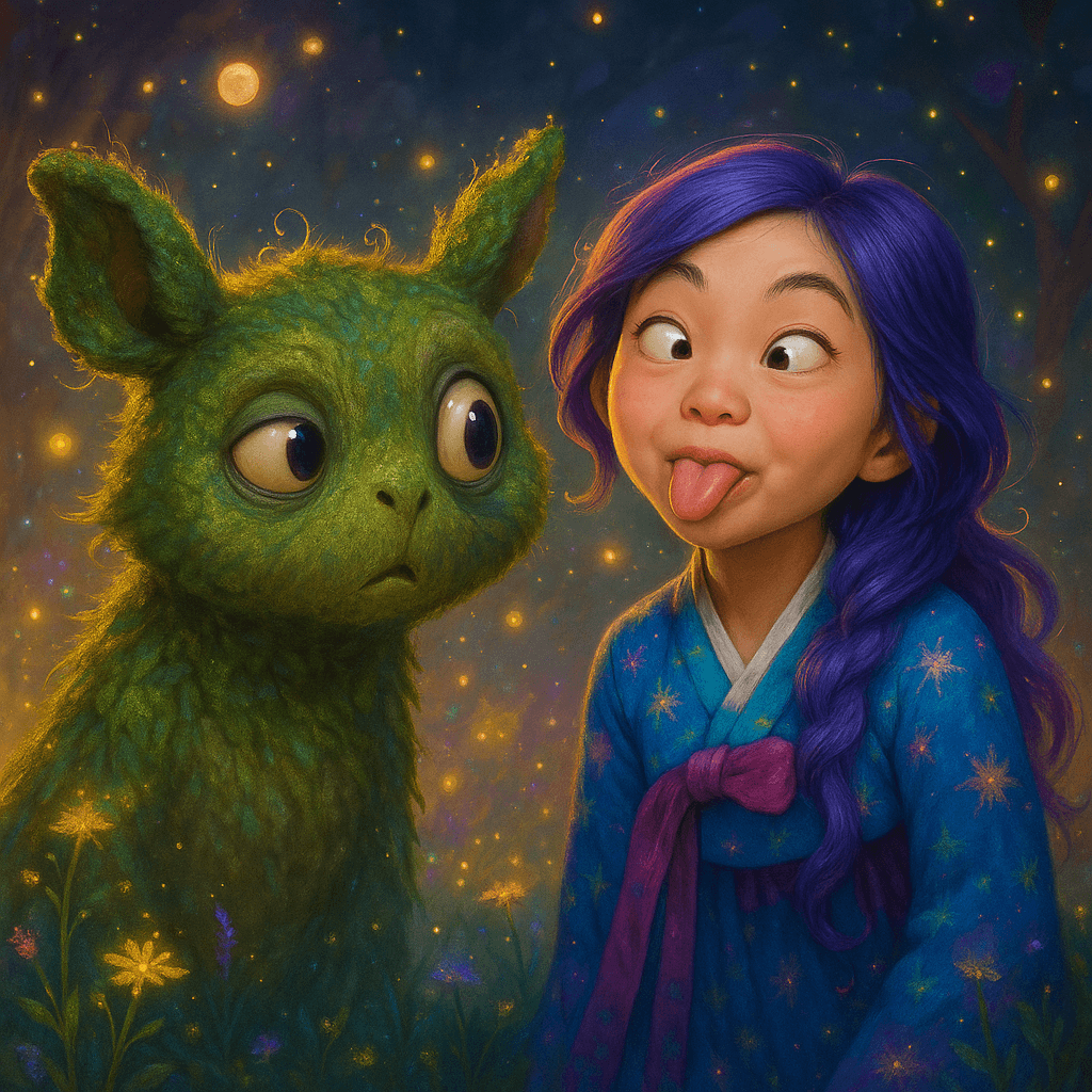 The creature’s eyelids blinked. Rumi noticed the tips of its ears, mossy and tufted, twitching as if it couldn’t quite decide whether to flee or laugh.