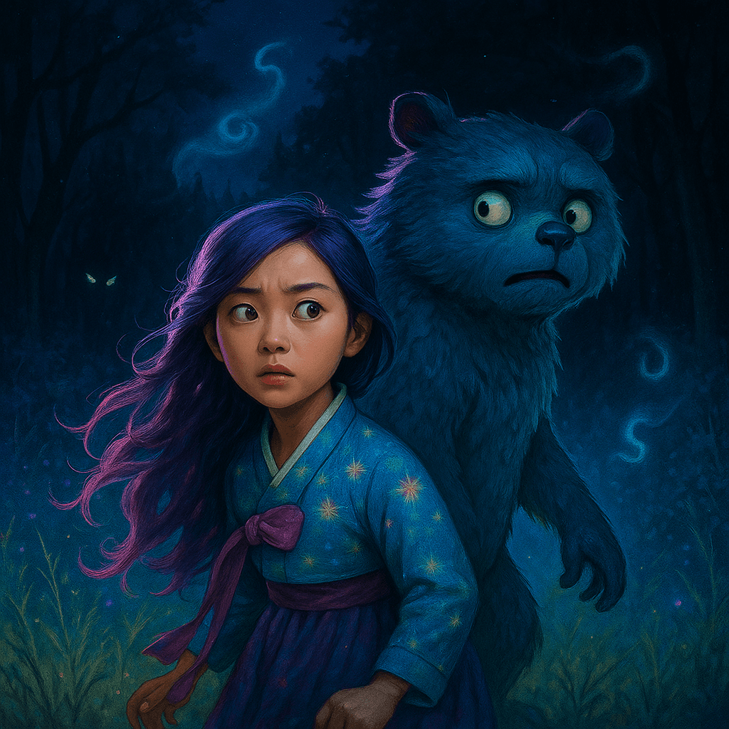 A branch snapped in the shadows. Both girl and beast turned, breath held, as a pair of glowing eyes flickered at the forest’s edge.