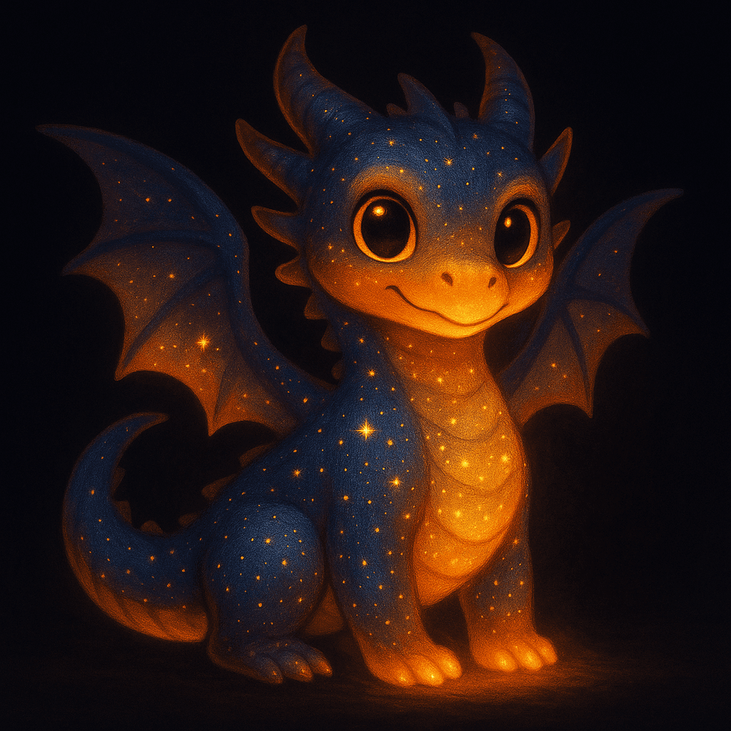From the shadows emerged a whimsical space dragon, its scales glowing like molten stars, wings fluttering with a gentle hum.