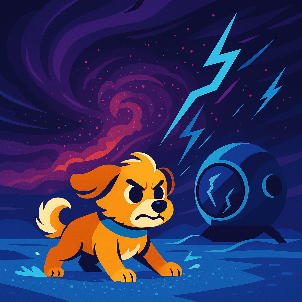 The cosmic storm howled over Pluto’s glimmering plains, swirling with violet dust and shooting streaks of electric blue. Max braced himself against the wind, his paws digging into sparkling frost as Zilo’s orb-shaped ship trembled nearby.