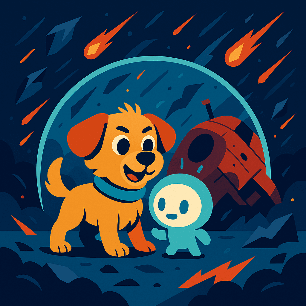 Max and Zilo’s glow brightened. 'But it’s too dangerous!' Max grinned, tail wagging despite the chaos. “Adventure is always a little dangerous. But friends stick together, right?” They huddled by the battered ship, dodging debris as Max used Zilo’s glowing tendrils and his own clever nose to patch the cracked hull.