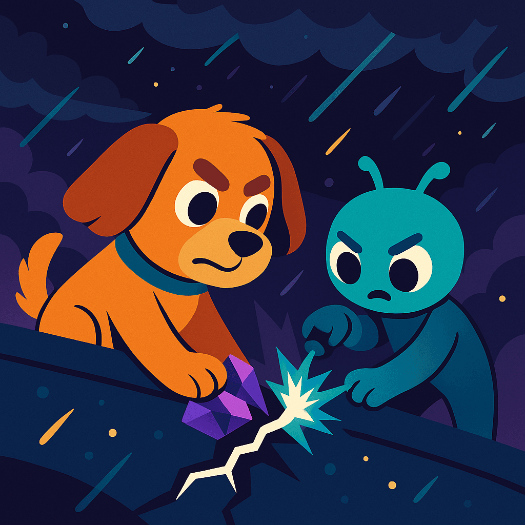 Max sealed the last crack. Zilo’s ship hummed to life, its lights shining through the storm. Zilo floated closer, pulsing with gratitude. "I must go home now, but I’ll never forget you." Max watched as Zilo zipped into the starry sky, leaving a sparkling trail behind.