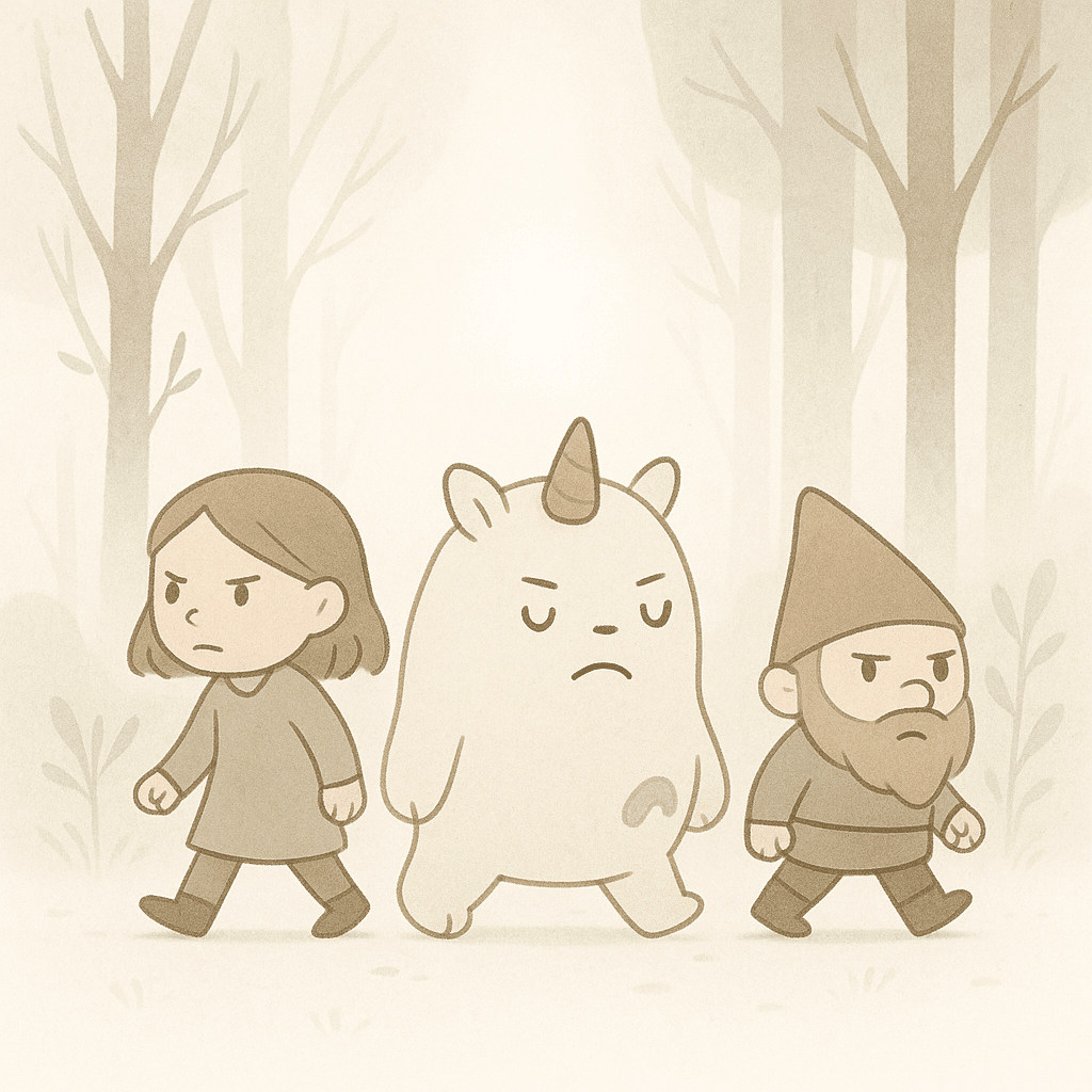 The forest’s hush deepened as Mila, Blissfula, and Grindle pressed onward. Leaves brushed Mila’s cheeks, damp with mist, and the faint, silvery glow ahead seemed to beckon them like a quiet promise.