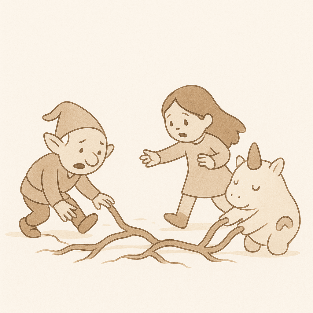 A sudden yelp snapped her from her thoughts. Grindle had stumbled, his foot caught in a tangle of roots. Mila hurried to his side, tugging gently. Blissfula hopped down and, with surprising strength for a plushie, wedged herself between the roots, pushing until Grindle’s foot slipped free.