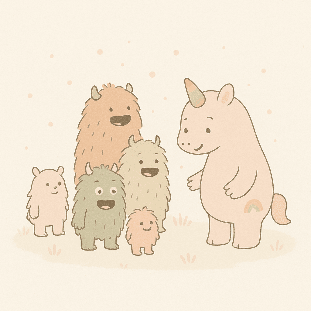 The trees suddenly parted, revealing a clearing lit by hundreds of tiny fireflies. At its center, a group of monsters—shaggy, scaly, and colorful—waited. They looked up, startled and then overjoyed to see Grindle.