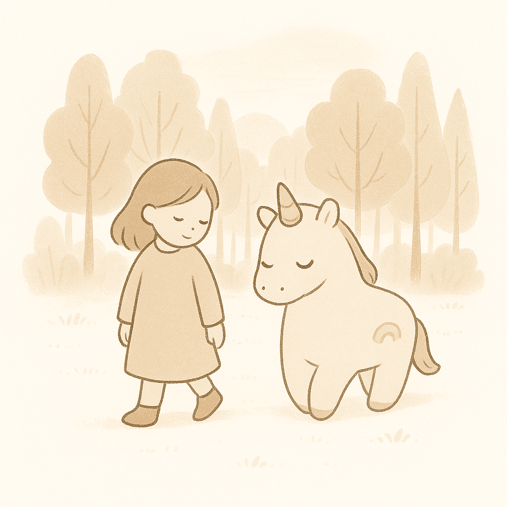 Later, as Mila and Blissfula retraced their steps toward home, the woods felt different—warmer, welcoming. Mila glanced down at her plushie friend, both changed by the night’s adventure.