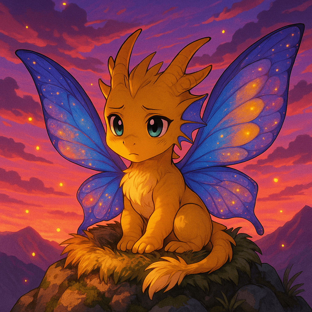 Aurelia sitting quietly at the top of the mountain in her nest, twilight sky, fireflies glowing around, contemplative expression.